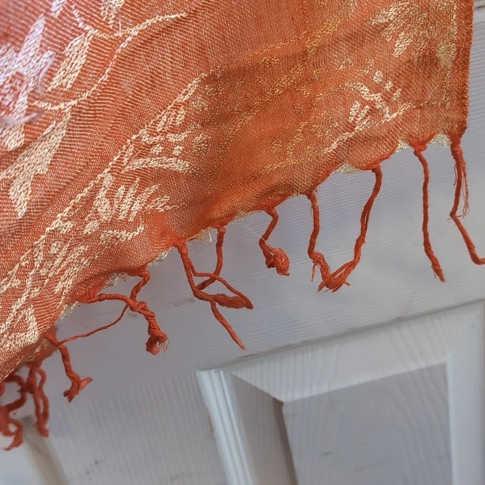 Orange Peach Metallic Rectangle Scarf Embossed with Fringe Ends